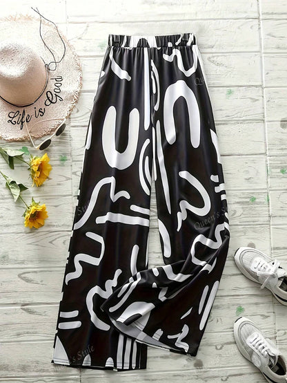 Legant Geometric Print Loose Wide Leg Fashionable Pants for Women Spring/Summer Wear